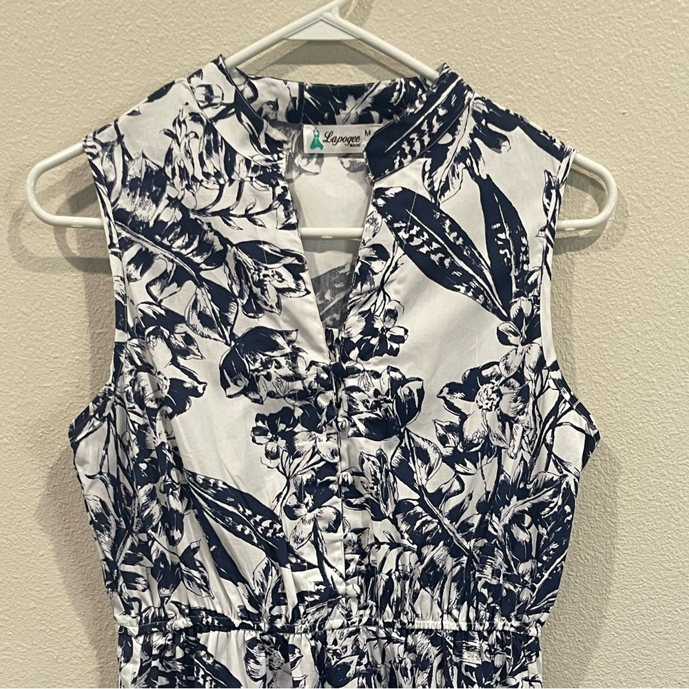 LaPogee Blue and White V-Neck Tiered Midi Dress